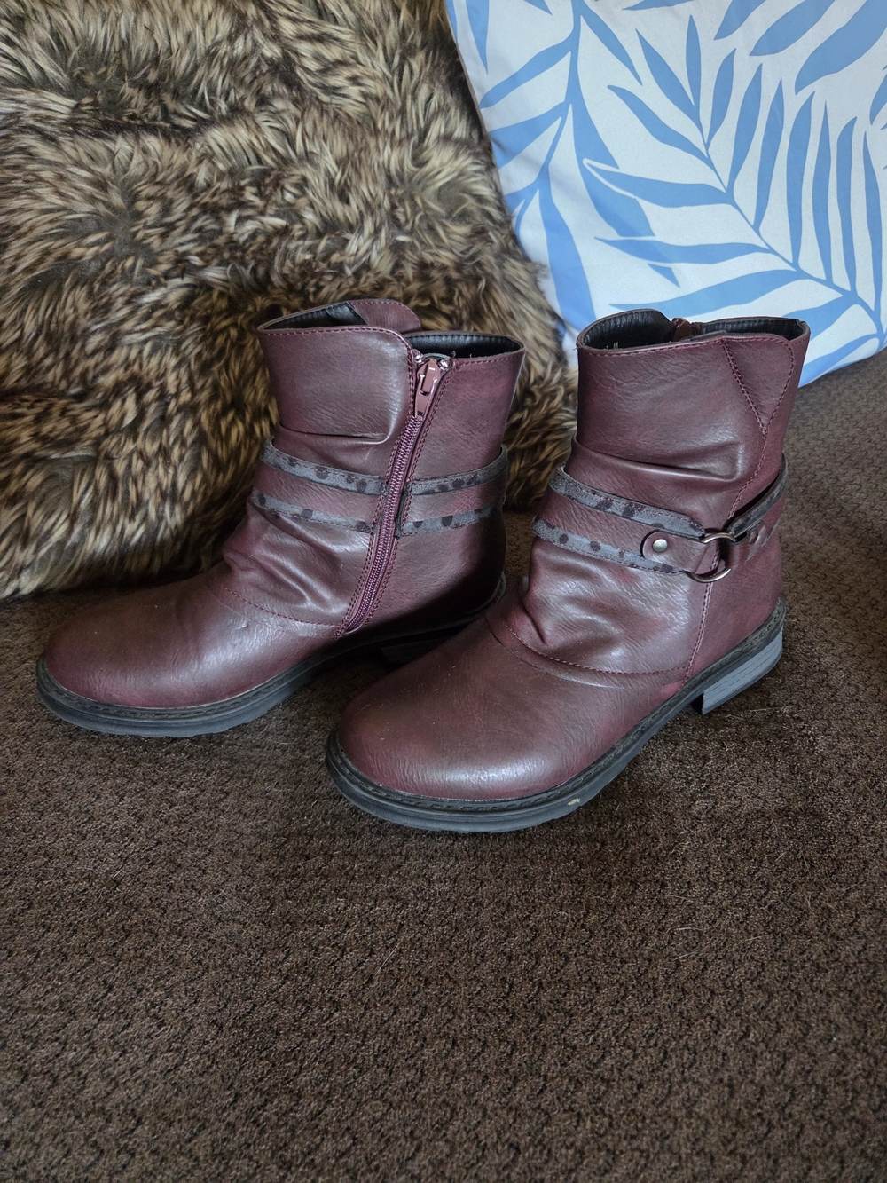 easy street Women's Wine Leather Ankle Boots with Buckle Strap
